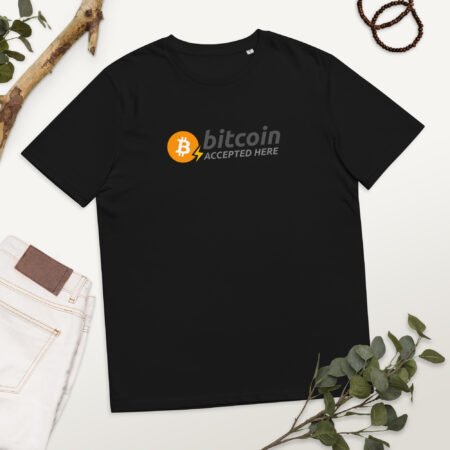 Bitcoin Accepted Here – Unisex organic cotton Black T-shirt Camisetas VEINTIUNO Bitcoin Accepted Here – Unisex organic cotton Black T-shirt Camisetas VEINTIUNO